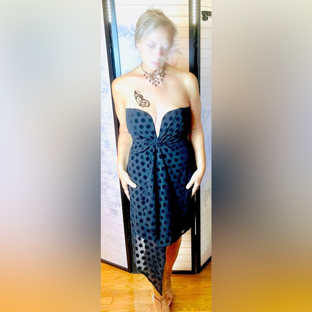 Bardot Black Evening Strapless Dress in Subtle Velvet Polka Dot Tag Size 8